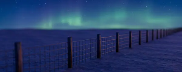 Star-filled night sky with a faint green aurora over flat prairie and a fence line