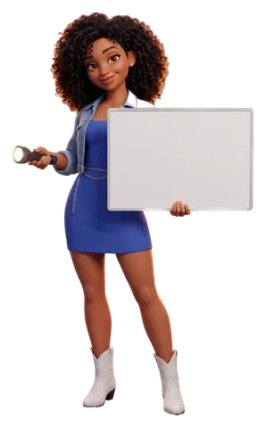 Tia, the illustrated guide, shining a flashlight to the left and holding a board that reads: Central Standard Time (UTC-6) all year